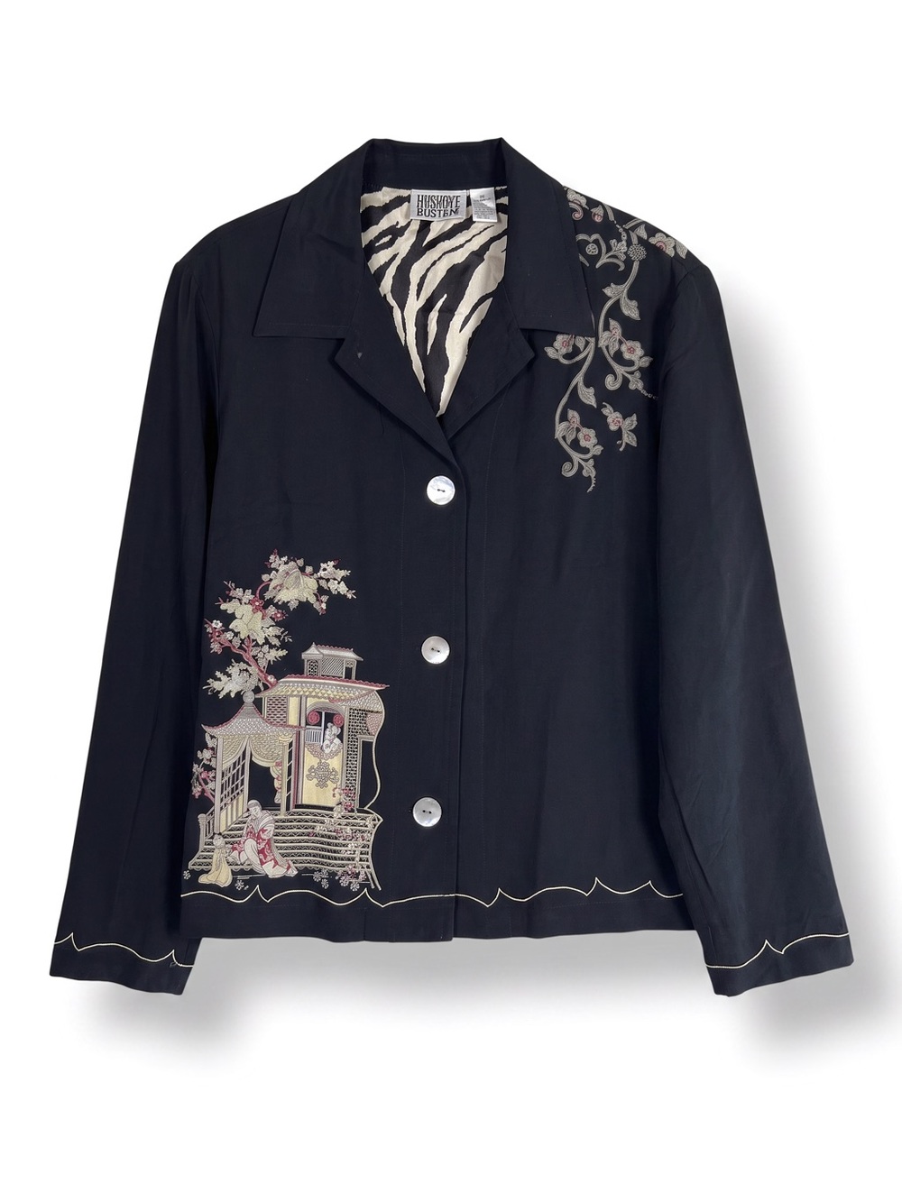 Chico’s Design 100% Silk Black Asian Scenic Print Jacket Art Print Blazer Size M